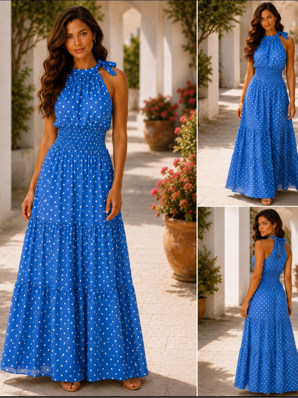 Blue Polka Dot Halter Maxi Dress by Ecowish